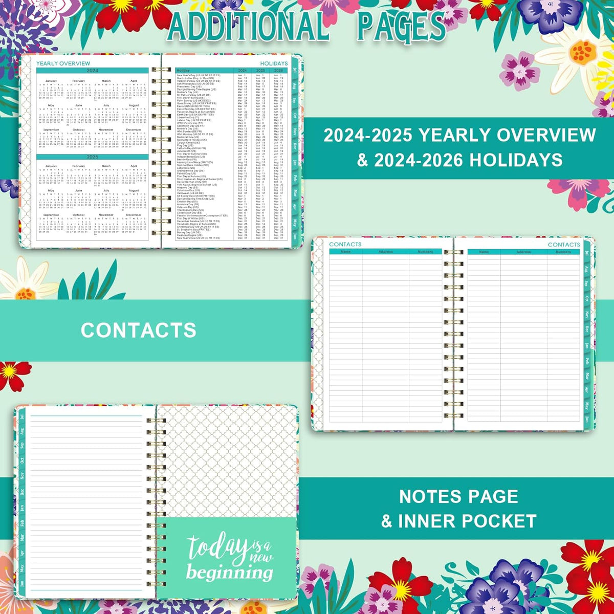 monthly overview pages with reference calendars for prior and next month plus a note section