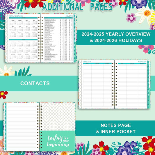 monthly overview pages with reference calendars for prior and next month plus a note section