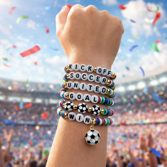 motivational letter beads spelling kick off, soccer, united, goal, and win