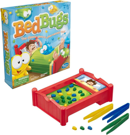motorized vibrating gameboard that makes 36 plastic bugs hop randomly across the 'bed'