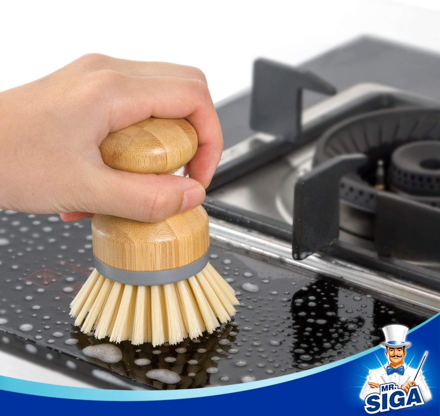 MR.SIGA Bamboo Palm Brush – Natural Color Scrubber for Minimalist Kitchens, Daily Dish Cleaning