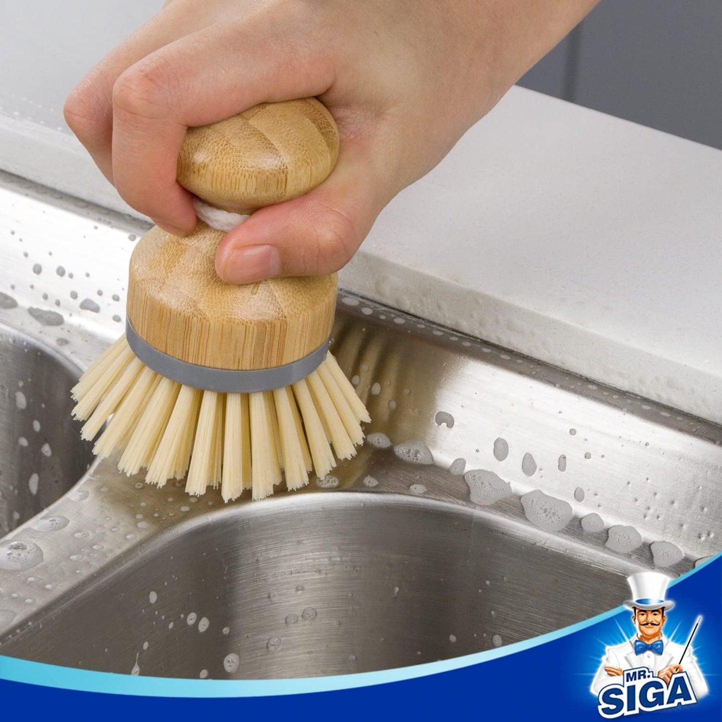 MR.SIGA Bamboo Palm Brush – Natural Color Scrubber for Minimalist Kitchens, Daily Dish Cleaning
