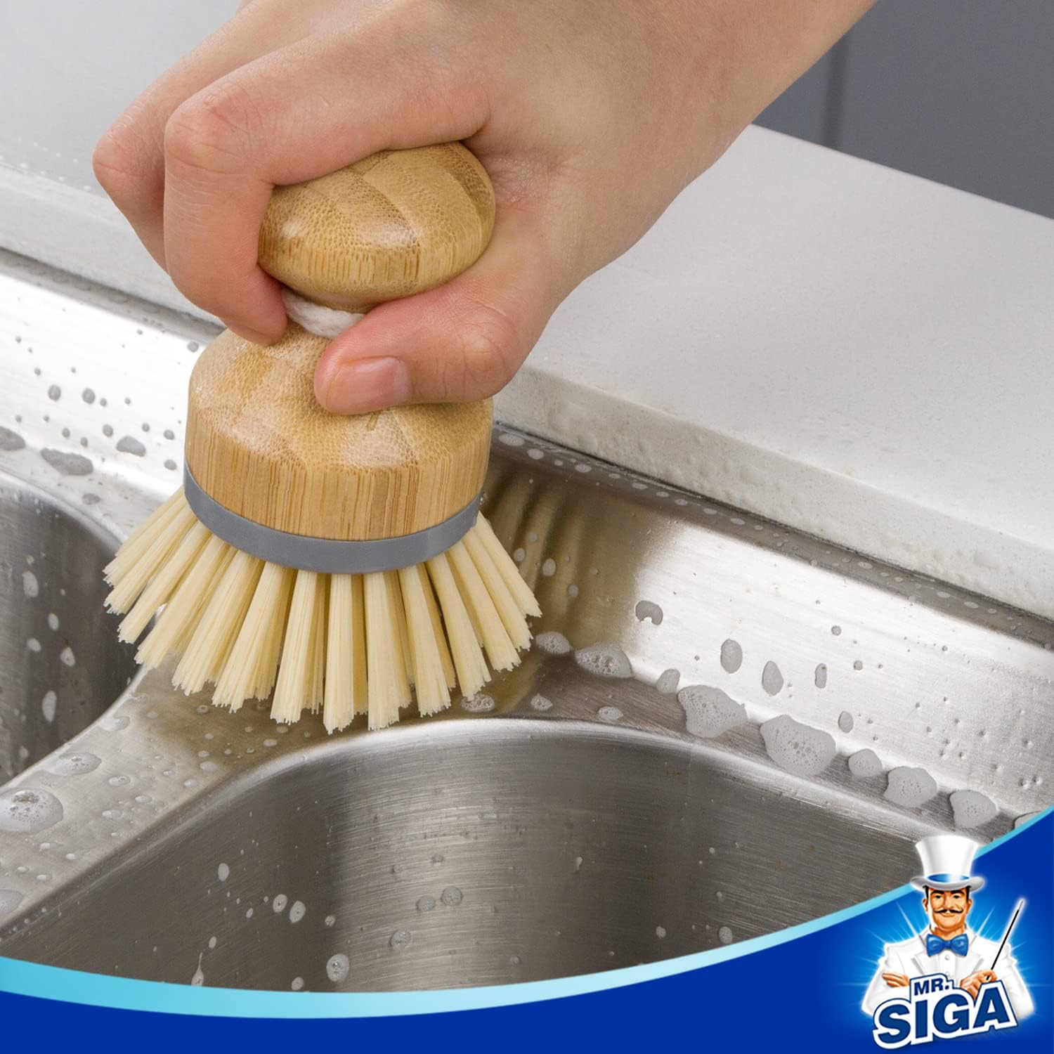 MR.SIGA Bamboo Palm Brush – Natural Color Scrubber for Minimalist Kitchens, Daily Dish Cleaning