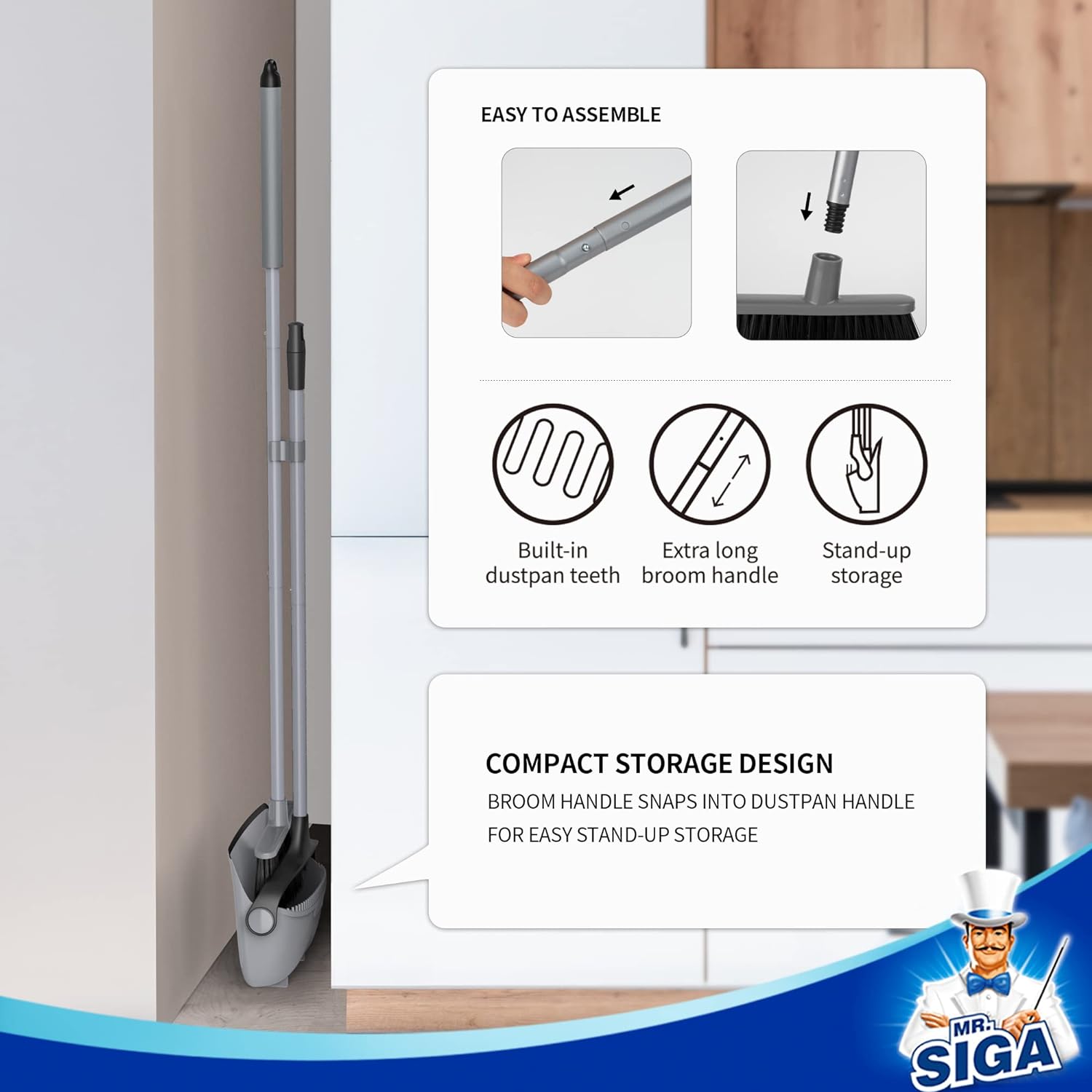 MR.SIGA Broom and Dustpan Set with Adjustable Long Handle, Compact Snap-Together Storage for Clutter-Free Closets, Gray