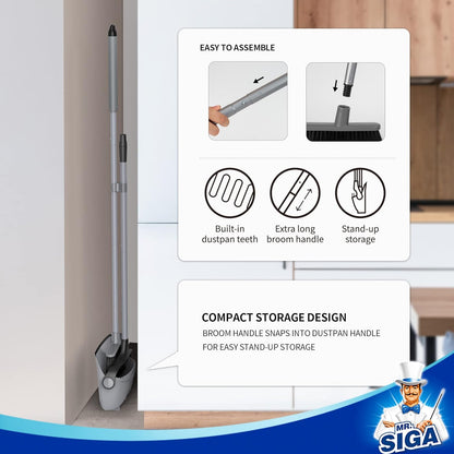 MR.SIGA Broom and Dustpan Set with Adjustable Long Handle, Compact Snap-Together Storage for Clutter-Free Closets, Gray