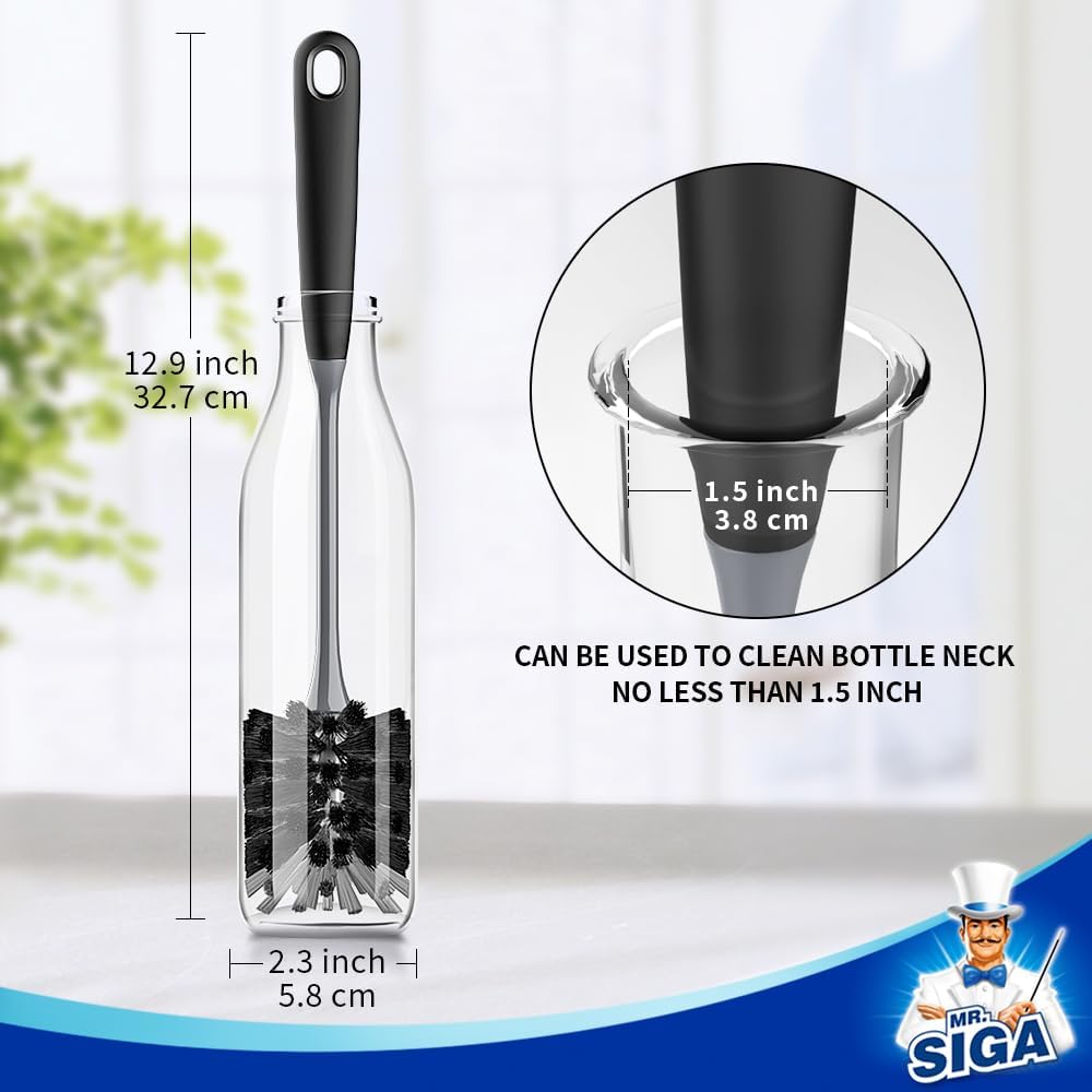 MR.SIGA Long Handle Bottle Brush – Kitchen Sink Essential for Narrow Reusable Bottles, Glassware and Carafes, 2 Pack