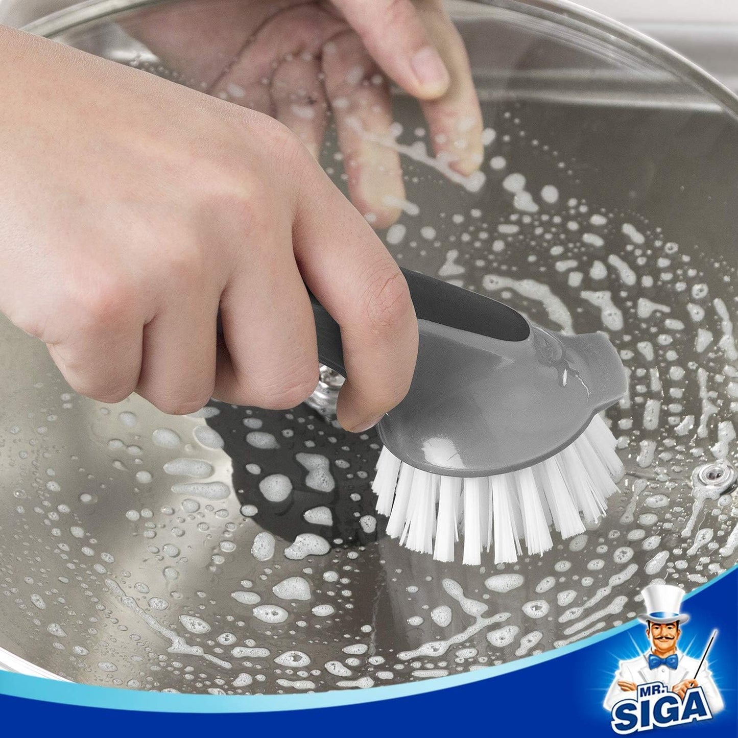 MR.SIGA Pot and Pan Cleaning Brush with Scraper Edge, Safe Non-Scratch Bristles for Family Kitchens, Daily Dish Scrubbing