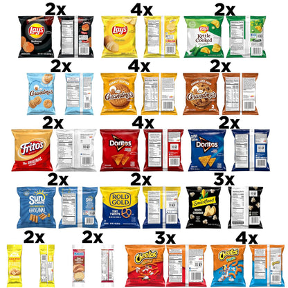 multi-category variety: potato chips, tortilla chips, popcorn, pretzels, cookies, crackers, and nuts