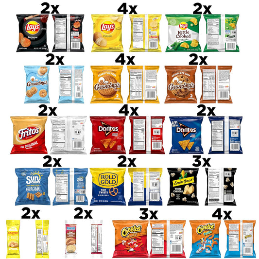 multi-category variety: potato chips, tortilla chips, popcorn, pretzels, cookies, crackers, and nuts