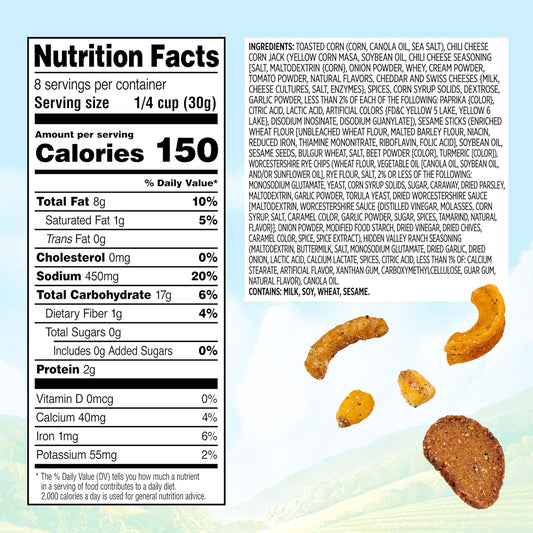 multi-component blend: toasted corn, chili cheese corn jacks, sesame sticks, and rye chips