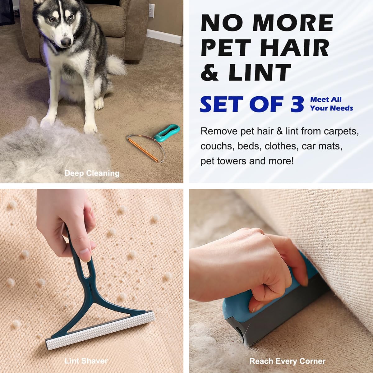 multi-fabric compatibility: couches, carpets, cat trees, car mats, clothing, blankets, and pillows