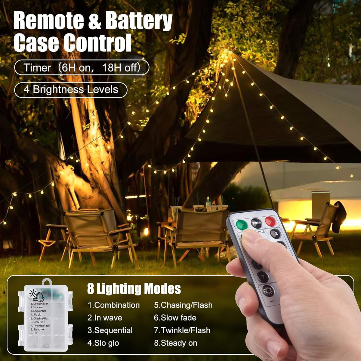 multi-function remote with 8 light modes and 4 brightness levels