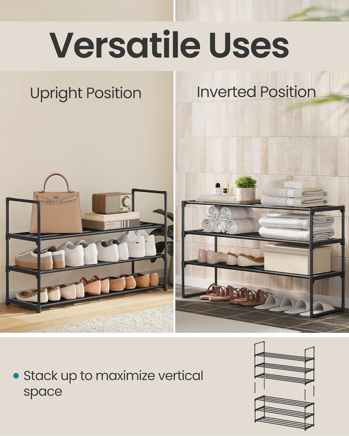 multi-orientation design: stands upright, flips for under-shelf storage, or stacks vertically