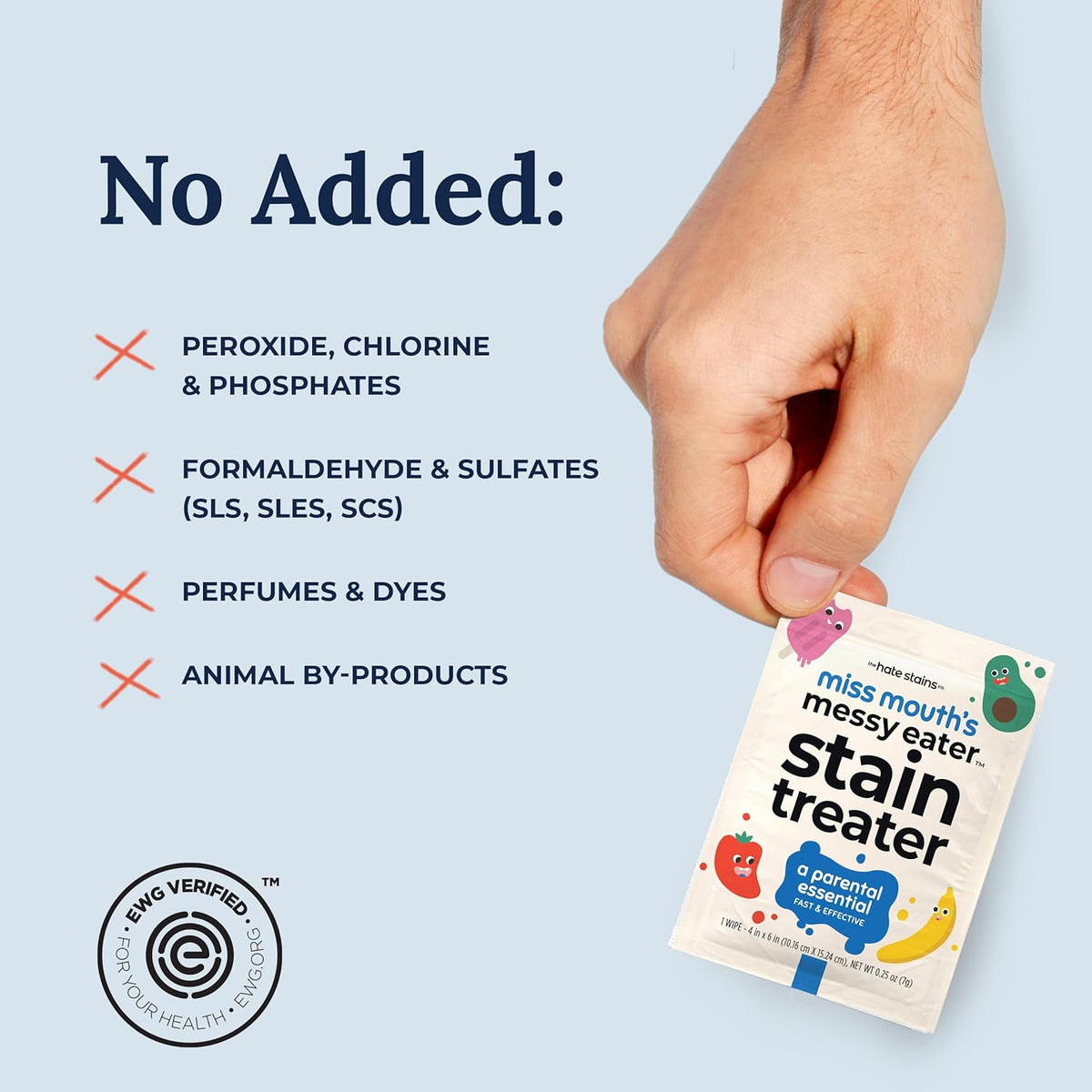 multi-stain active formula targeting fruit juice, baby food, formula, ketchup, blowouts, and blood