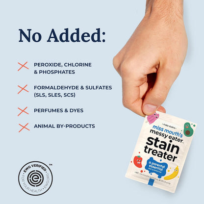 multi-stain active formula targeting fruit juice, baby food, formula, ketchup, blowouts, and blood