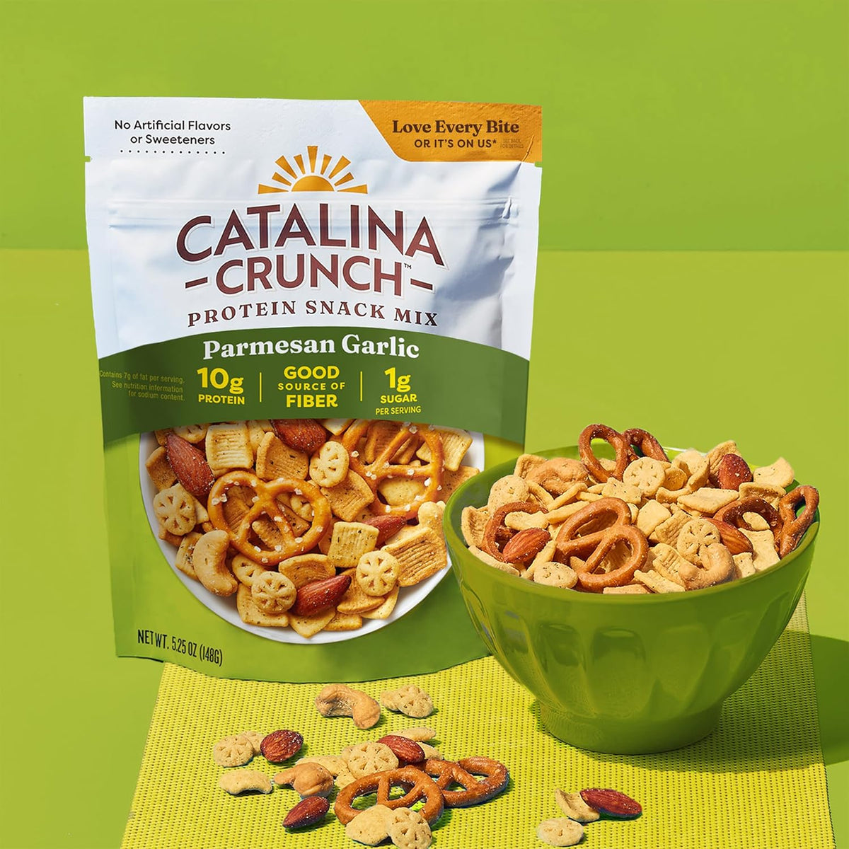 multi-texture mix combining catalina crunch cereal, chickpea pretzels, soy protein wheels, and roasted nuts
