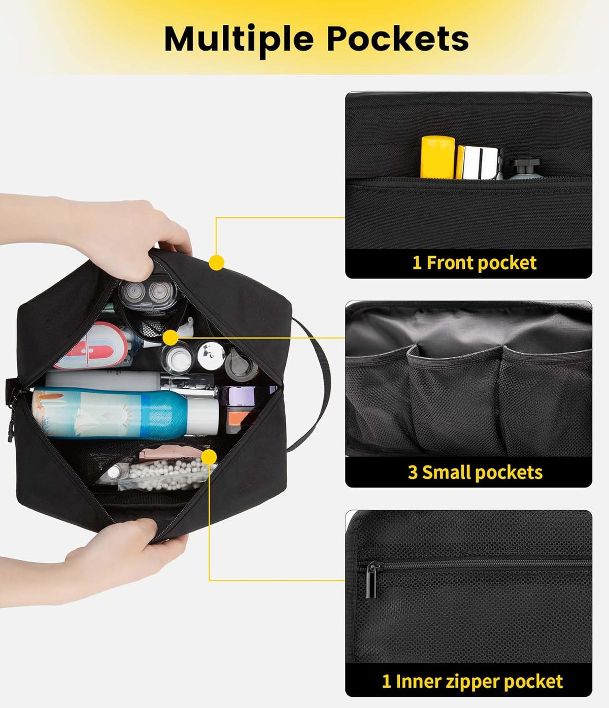 multiple internal compartments sized for standard travel bottles