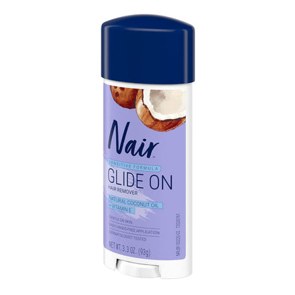 Nair Sensitive Glide-On Hair Removal Cream – Coconut Oil & Vitamin E Self-Care Ritual for Silky Smooth Legs