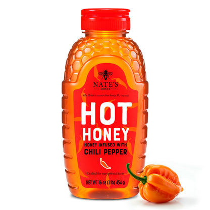 Nate&amp;#39;s Hot Honey - 100% Pure Honey Infused with Habanero Chili Pepper Flakes, Award-winning Taste - 16 oz Squeeze Bottle