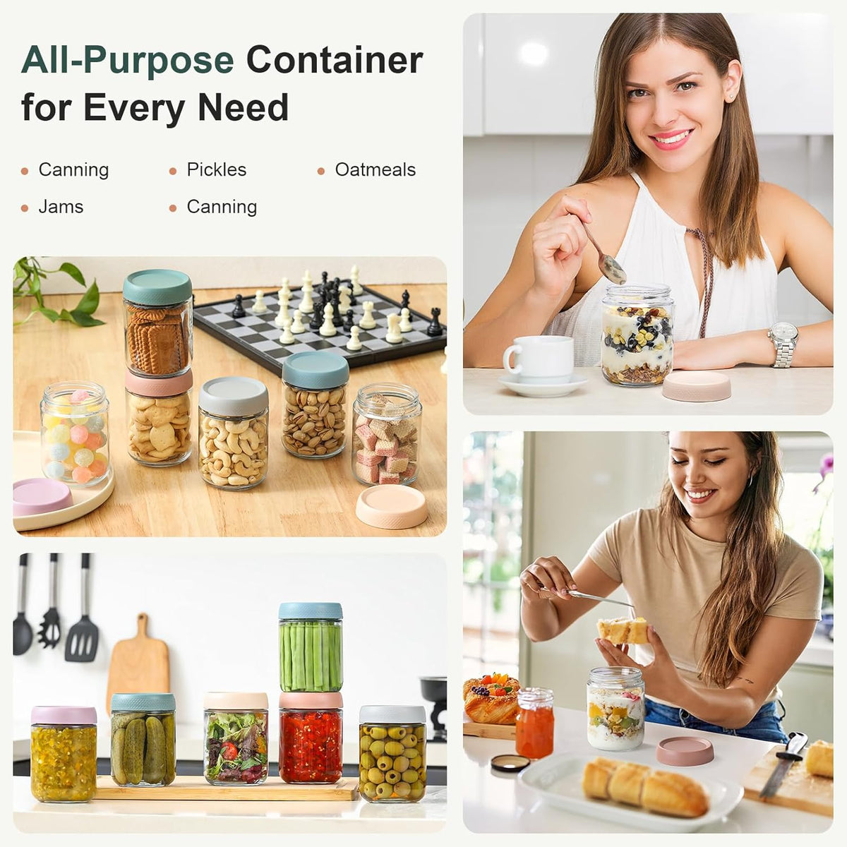 NETANY 16 oz Glass Overnight Oats Jars with Airtight Lids – Mindful Meal Prep Containers for Healthy Breakfast Routines
