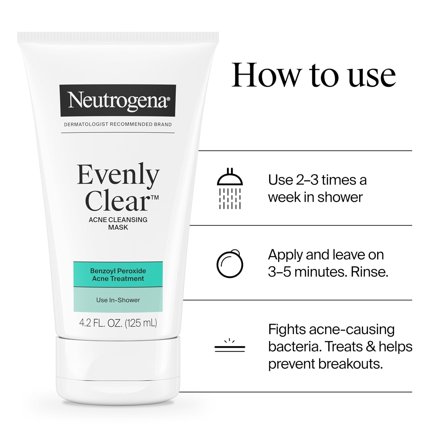 Neutrogena Evenly Clear Acne Cleansing Face Mask with 3.5% Benzoyl Peroxide – Mindful Shower Skincare Ritual for Clearer, Balanced Skin