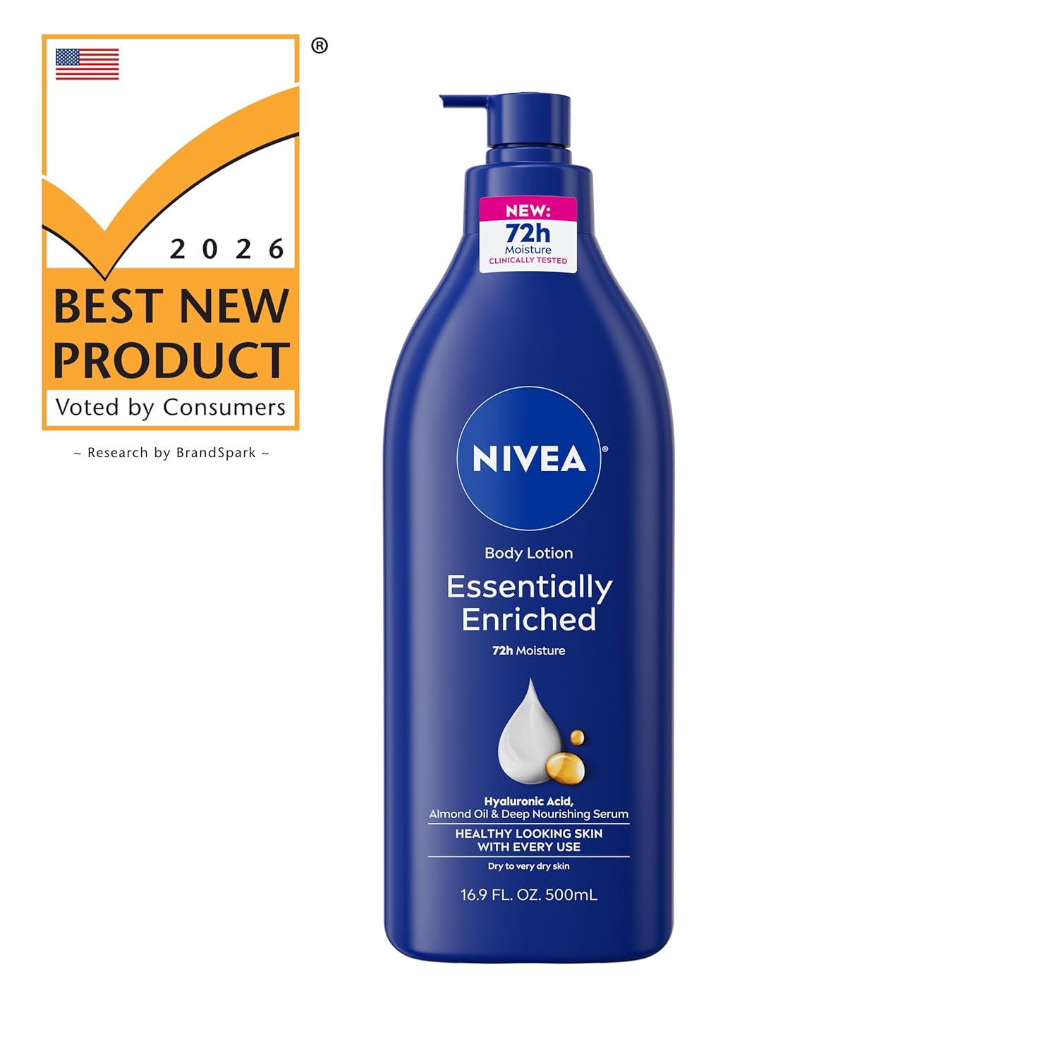 NIVEA Essentially Enriched Body Lotion for Very Dry Skin with Hyaluronic Acid, 72-Hour Hydration for Nightly Self-Care Ritual, 16.9 Fl Oz Pump Bottle