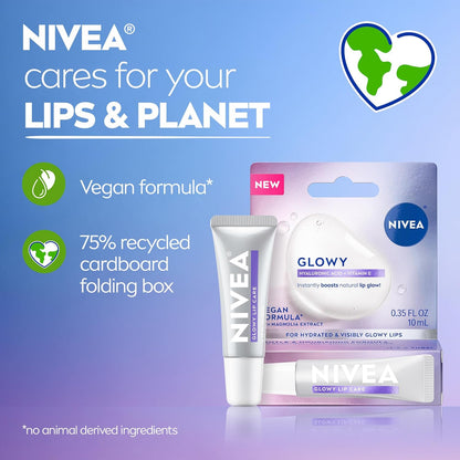 NIVEA Glowy Lips Vegan Lip Balm – Effortless No-Makeup Lip Glow for Simple Routines, 0.35 Fl Oz