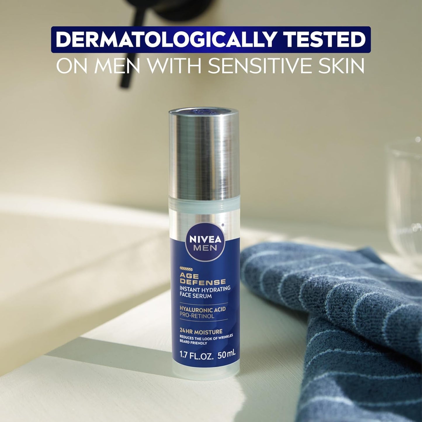 NIVEA MEN Age Defense Instant Hydrating Face Serum for Dry Skin – Nightly Anti-Aging Ritual With Pro-Retinol and Hyaluronic Acid, 1.7 Fl Oz