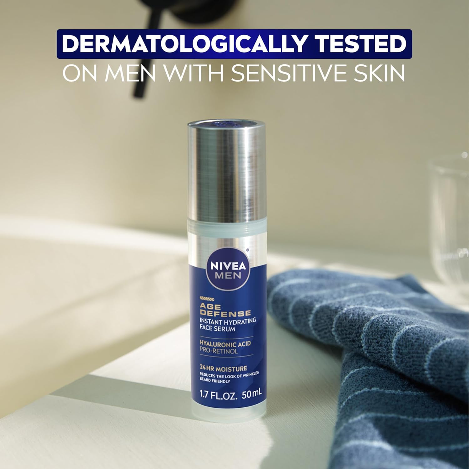 NIVEA MEN Age Defense Instant Hydrating Face Serum for Dry Skin – Nightly Anti-Aging Ritual With Pro-Retinol and Hyaluronic Acid, 1.7 Fl Oz