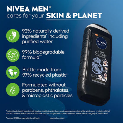 NIVEA MEN Real Madrid Active Clean 3-in-1 Charcoal Body Wash – Post-Workout Wind-Down Ritual for Active Men