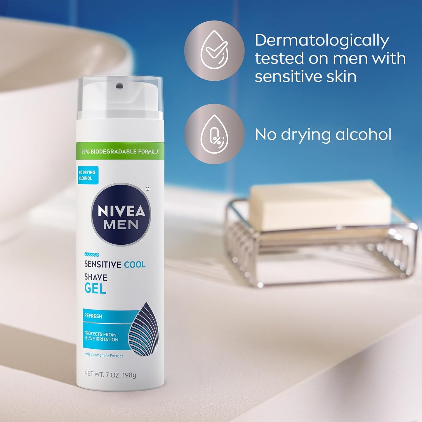 NIVEA MEN Sensitive Cool Shave Gel for Sensitive Skin, Alcohol Free Shaving Gel with Chamomile Extract, 7 Oz Can, Pack of 3 – Soothing Morning Self-Care Ritual for Men with Sensitive Skin