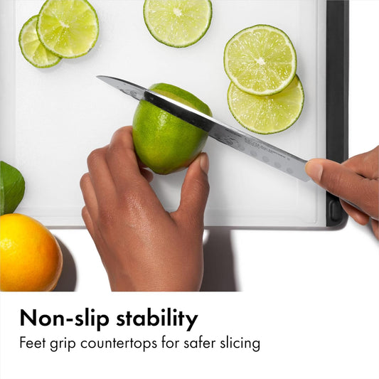 non-slip feet that grip countertops during chopping and slicing