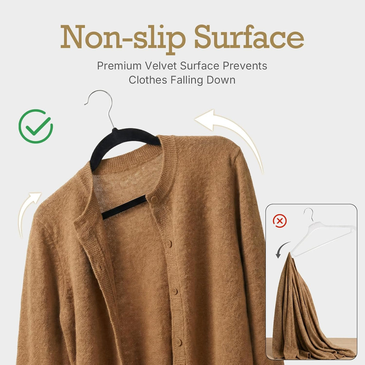 non-slip velvet flocked surface with sculpted shoulder groove to secure thin straps and tank tops