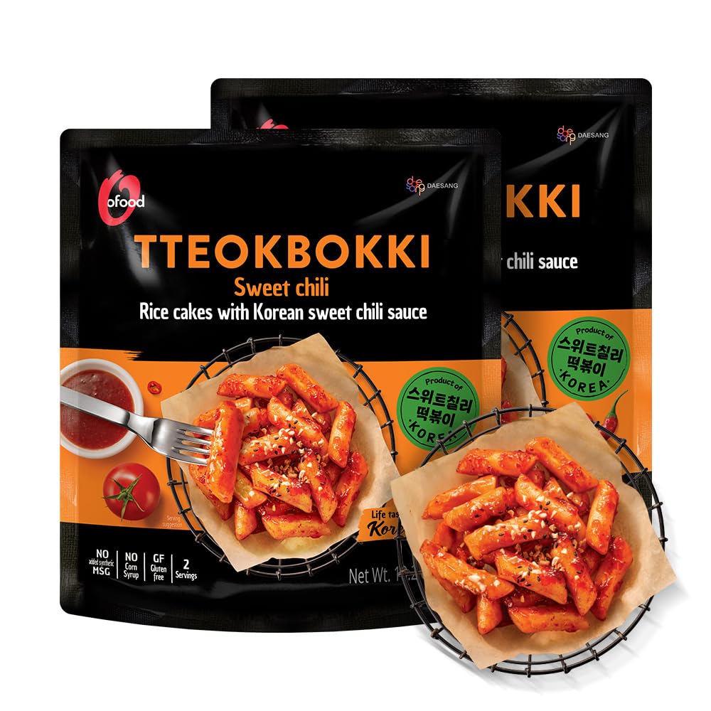 O’Food Tteokbokki Korean Rice Cakes – [Sweet Chili | Pack of 2] – Gluten-Free (Except BBQ), Healthy/ Savory/ Bold/ Fiery, 0 Cholesterol/ 0 Trans Fat/ No MSG/ No Corn Syrup, Spicy Street Snack, Ready in Minutes