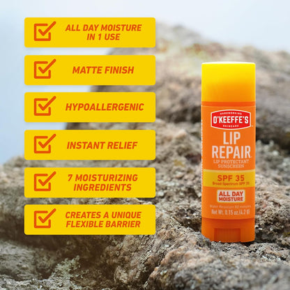 O'Keeffe's Lip Repair SPF 35 Stick – Hypoallergenic, Dye-Free Balm Safe for Diabetics and Sensitive Skin, 3-Pack