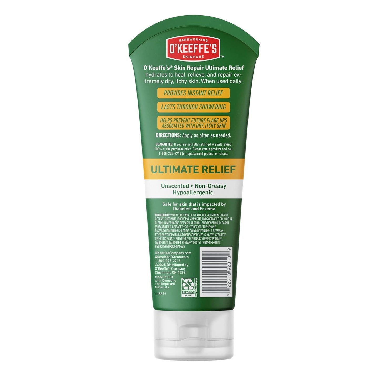 O'Keeffe's Skin Repair Body Cream – Hypoallergenic Relief for Diabetes and Sensitive Skin, 7oz