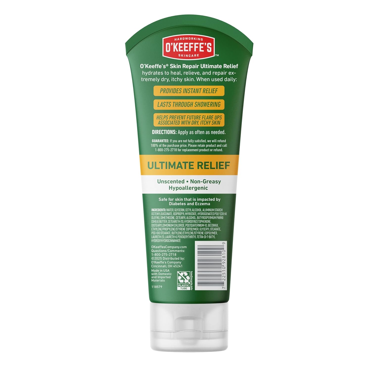 O'Keeffe's Skin Repair Body Cream – Hypoallergenic Relief for Diabetes and Sensitive Skin, 7oz