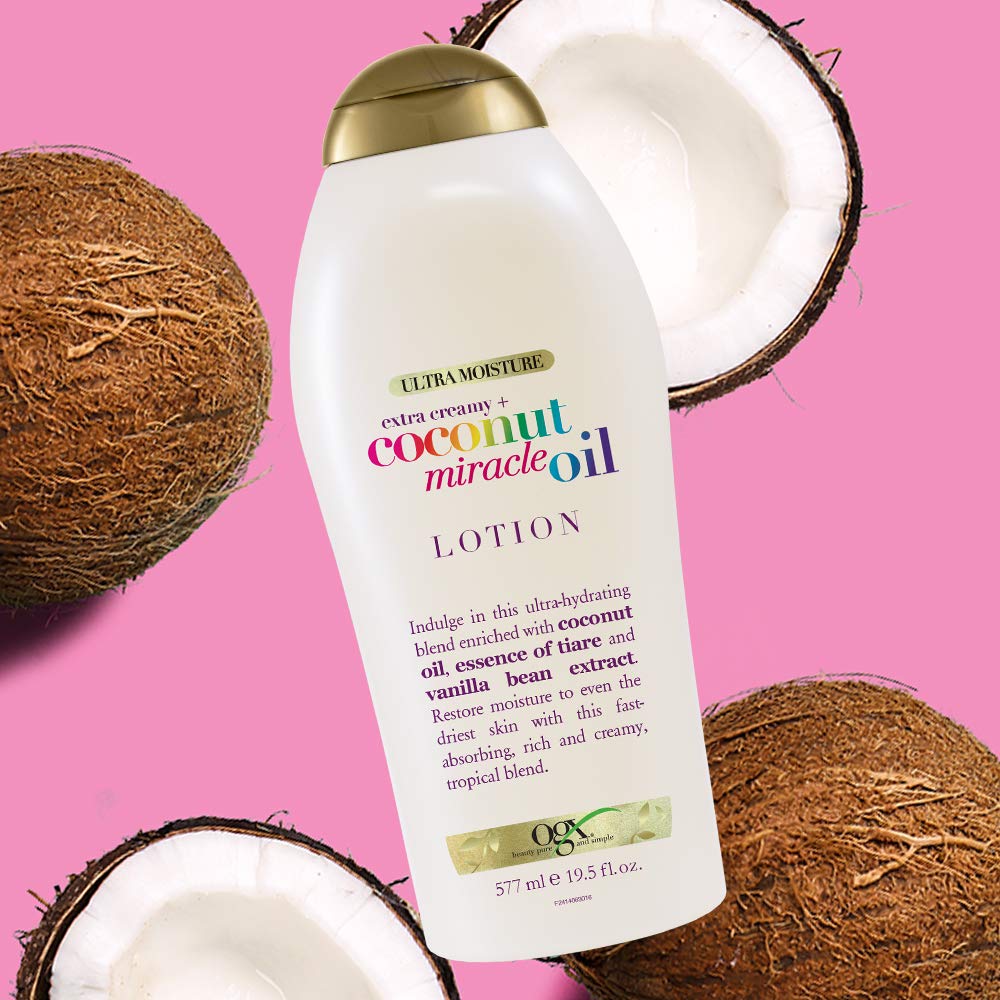 OGX Coconut Miracle Oil Body Lotion – Premium Vanilla Bean and Tiare Infused Cream for Elevated Bathroom Countertop Display
