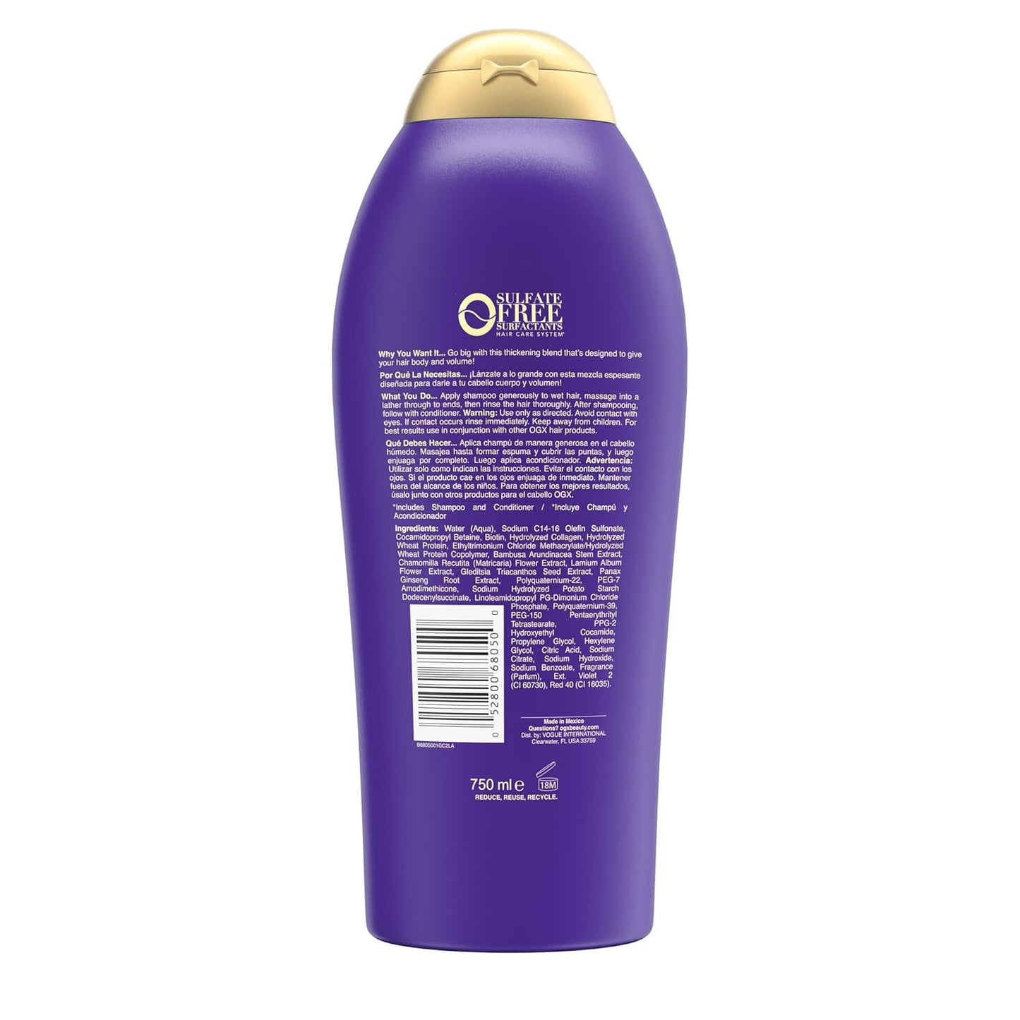 OGX Extra Strength Biotin & Collagen Shampoo – Paraben-Free, Color-Safe Volume for Sensitive Scalps, 25.4 fl oz