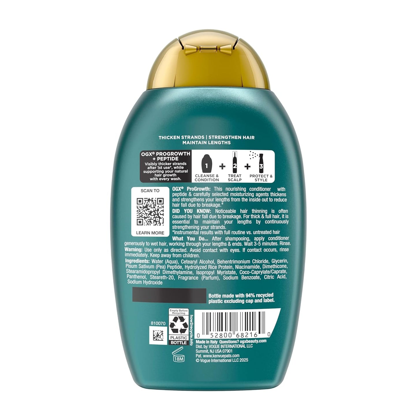 OGX ProGrowth + Peptide Conditioner – Sulfate-Free, Color-Safe Formula for Sensitive Scalps, 13 fl. oz