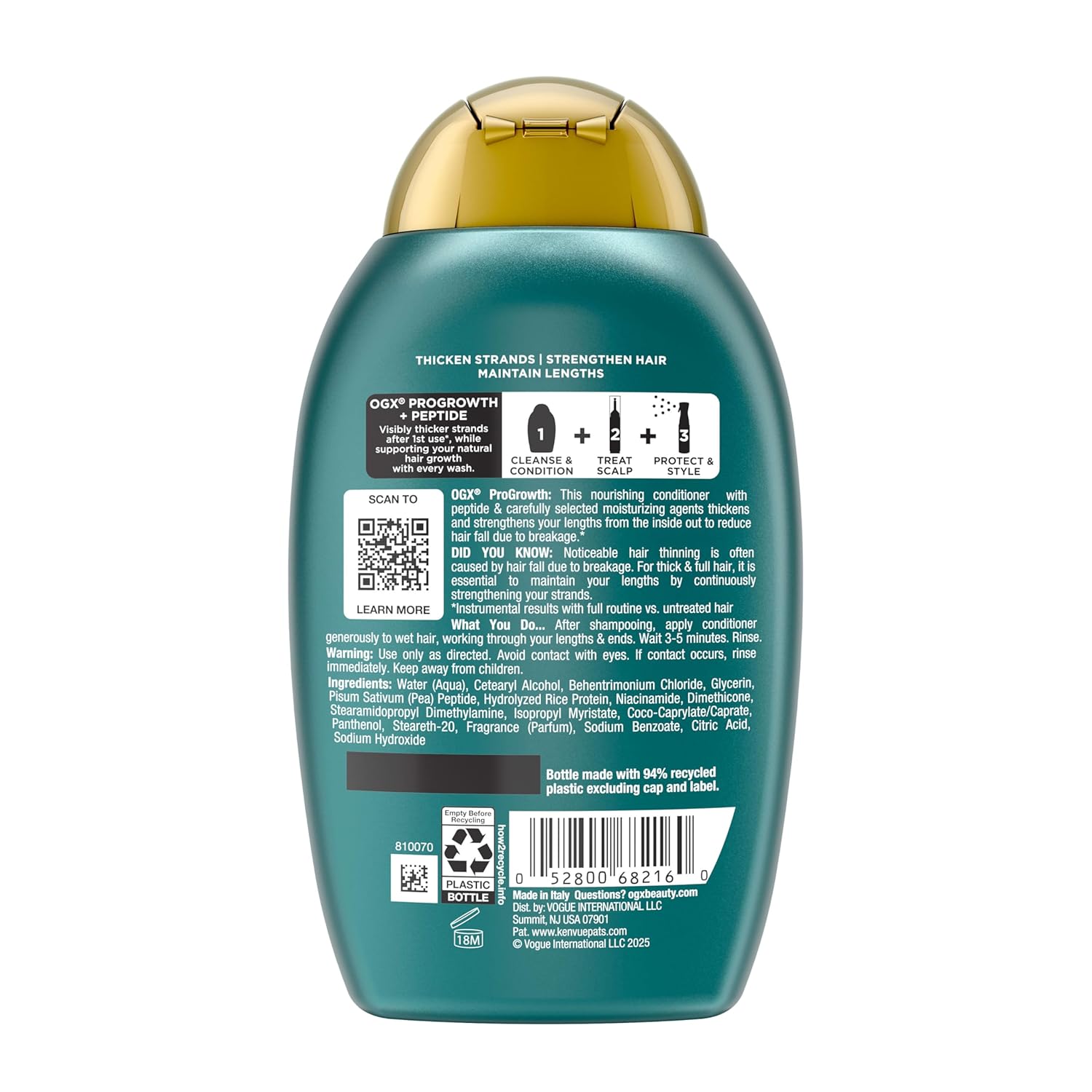 OGX ProGrowth + Peptide Conditioner – Sulfate-Free, Color-Safe Formula for Sensitive Scalps, 13 fl. oz