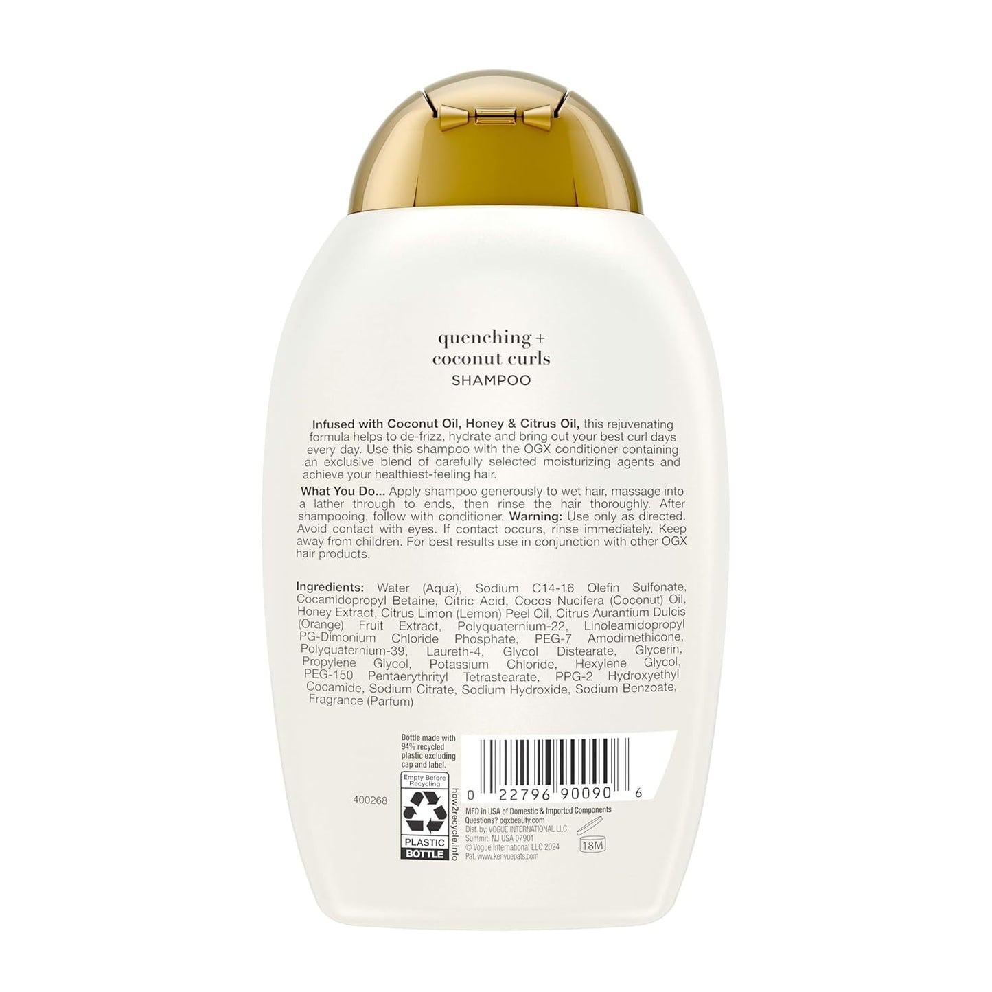 OGX Quenching + Coconut Curl Shampoo – Tropical Tangerine and Vanilla Scent Wash for Curly Hair, 13 fl oz