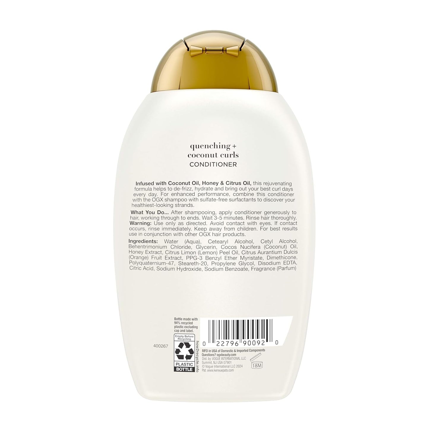 OGX Quenching + Coconut Curls Conditioner – Premium Curl-Defining Hair Treatment, 13 fl oz, Elegant Single Bottle