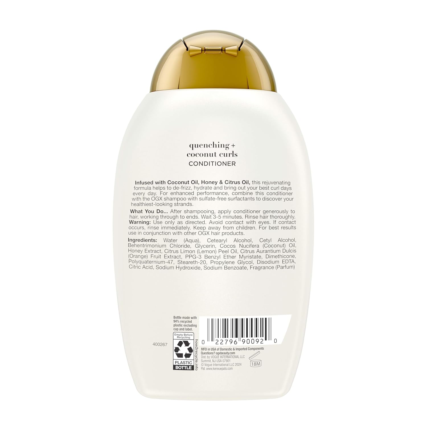 OGX Quenching + Coconut Curls Conditioner – Premium Curl-Defining Hair Treatment, 13 fl oz, Elegant Single Bottle