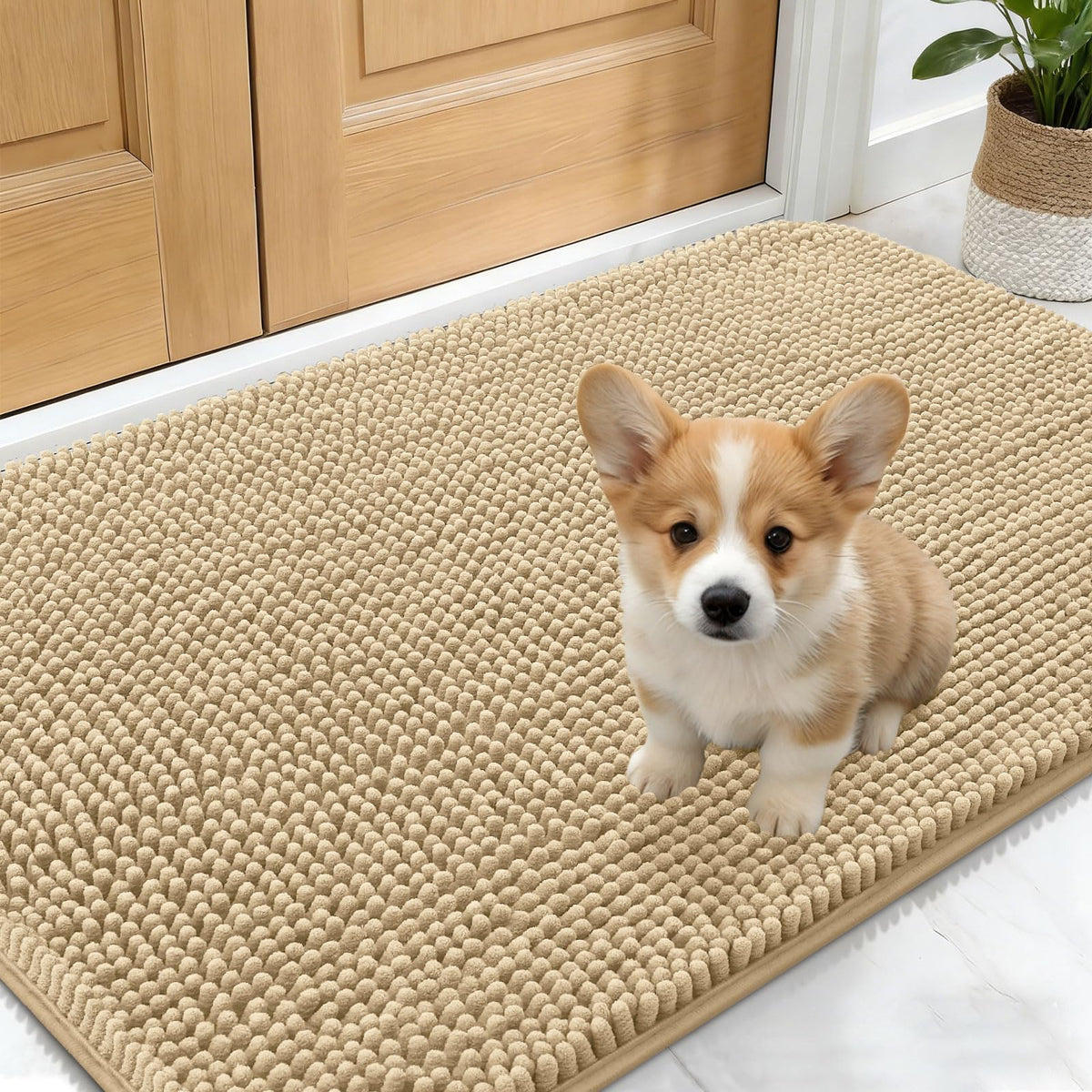 OLANLY Dog Door Mat for Muddy Paws 24x16, Absorbs Moisture and Dirt, Absorbent Non-Slip Washable Doormat, Quick Dry Chenille Mud Mat for Dogs, Entry Indoor Entryway Carpet for Inside Floor, Beige