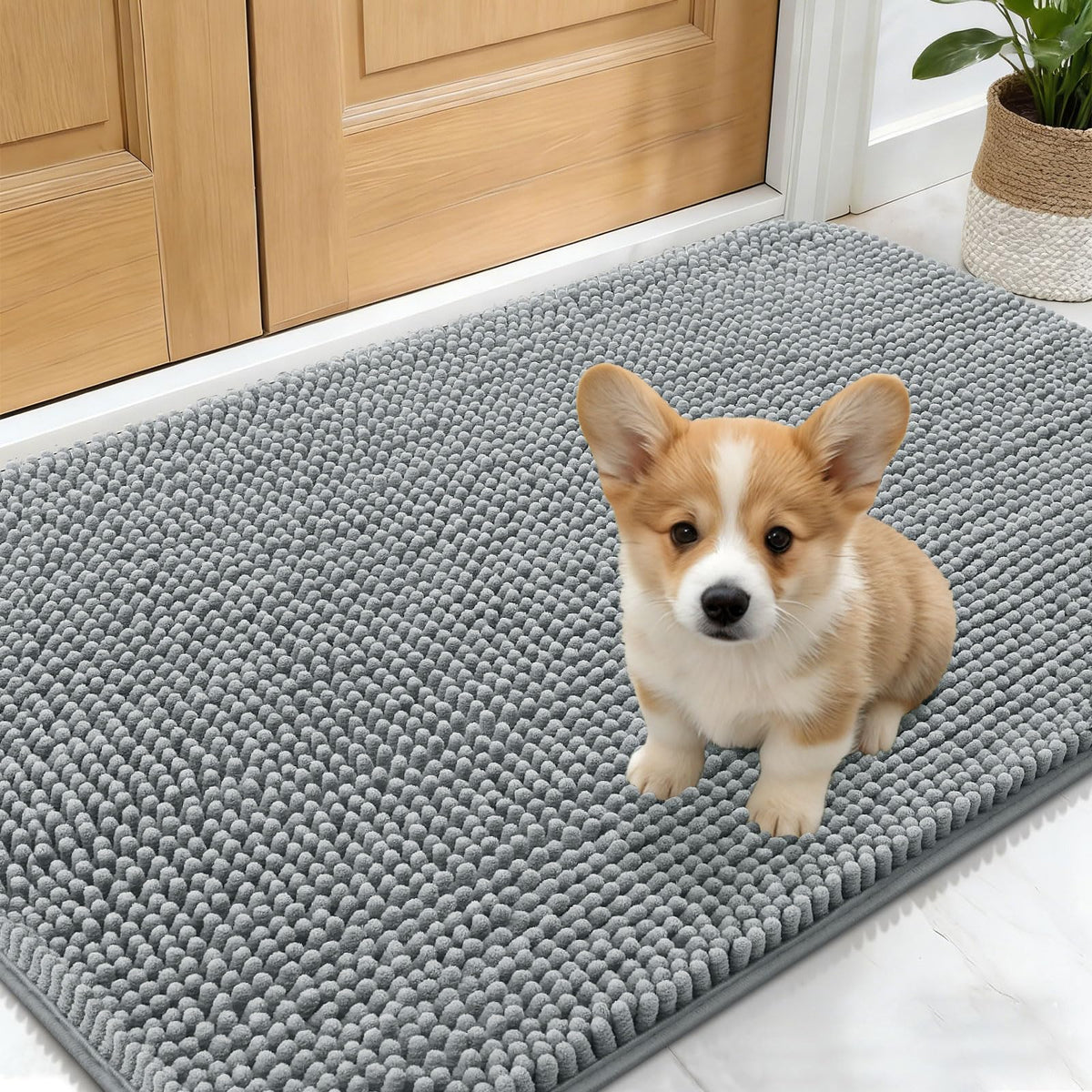 OLANLY Dog Door Mat for Muddy Paws 24x16, Absorbs Moisture and Dirt, Absorbent Non-Slip Washable Doormat, Quick Dry Chenille Mud Mat for Dogs, Entry Indoor Entryway Carpet for Inside Floor, Grey