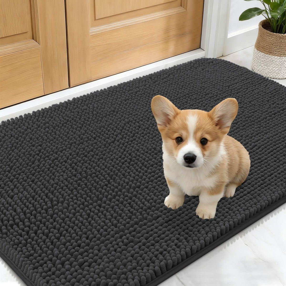 OLANLY Dog Door Mat for Muddy Paws 24x16, Absorbs Moisture and Dirt, Absorbent Non-Slip Washable Doormat, Quick Dry Chenille Mud Mat for Dogs, Entry Indoor Entryway Carpet for Inside Floor, Dark Grey