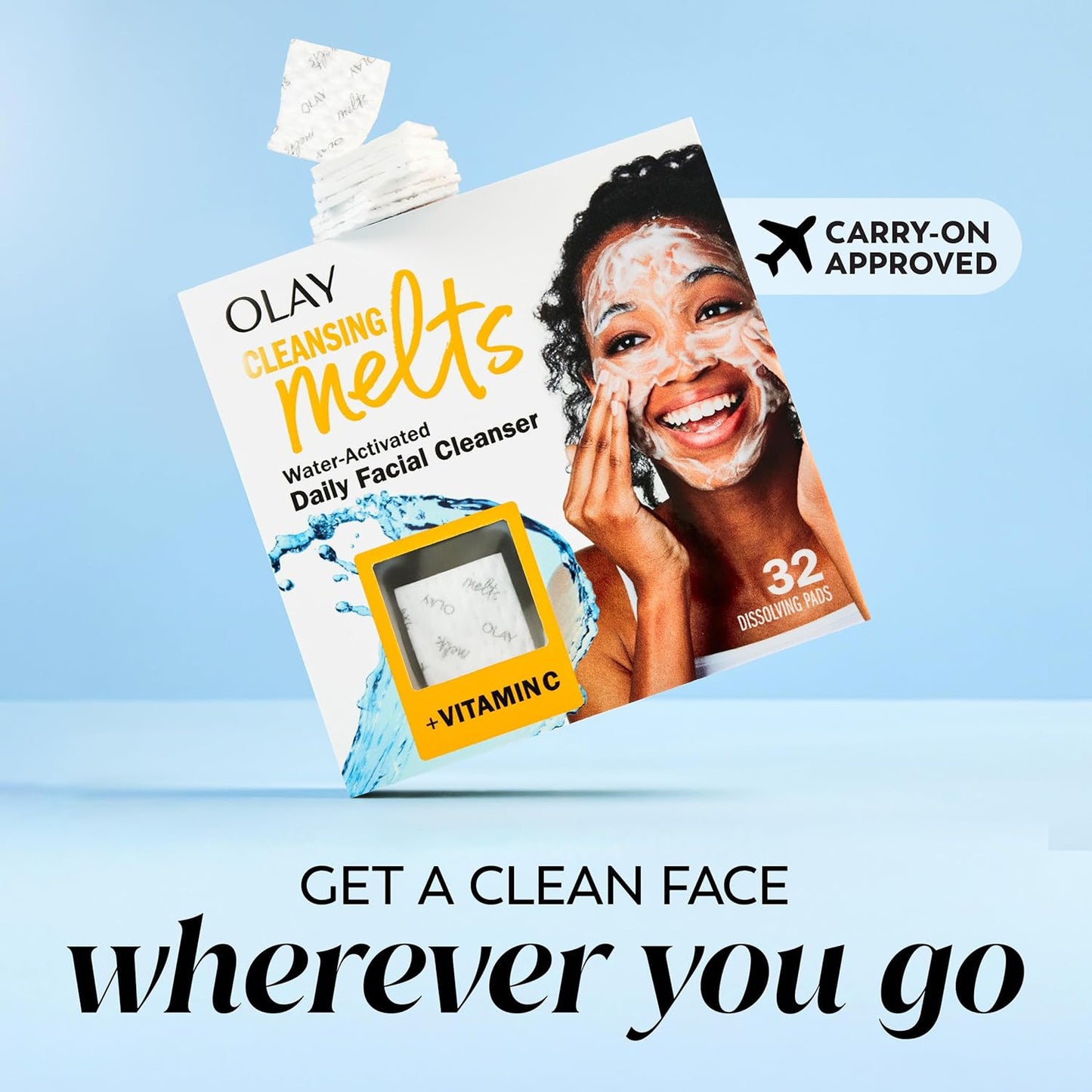 Olay Cleansing Melts Vitamin C – TSA-Friendly Spill-Proof Face Wash for Carry-On and Weekend Getaways, 12 Pads
