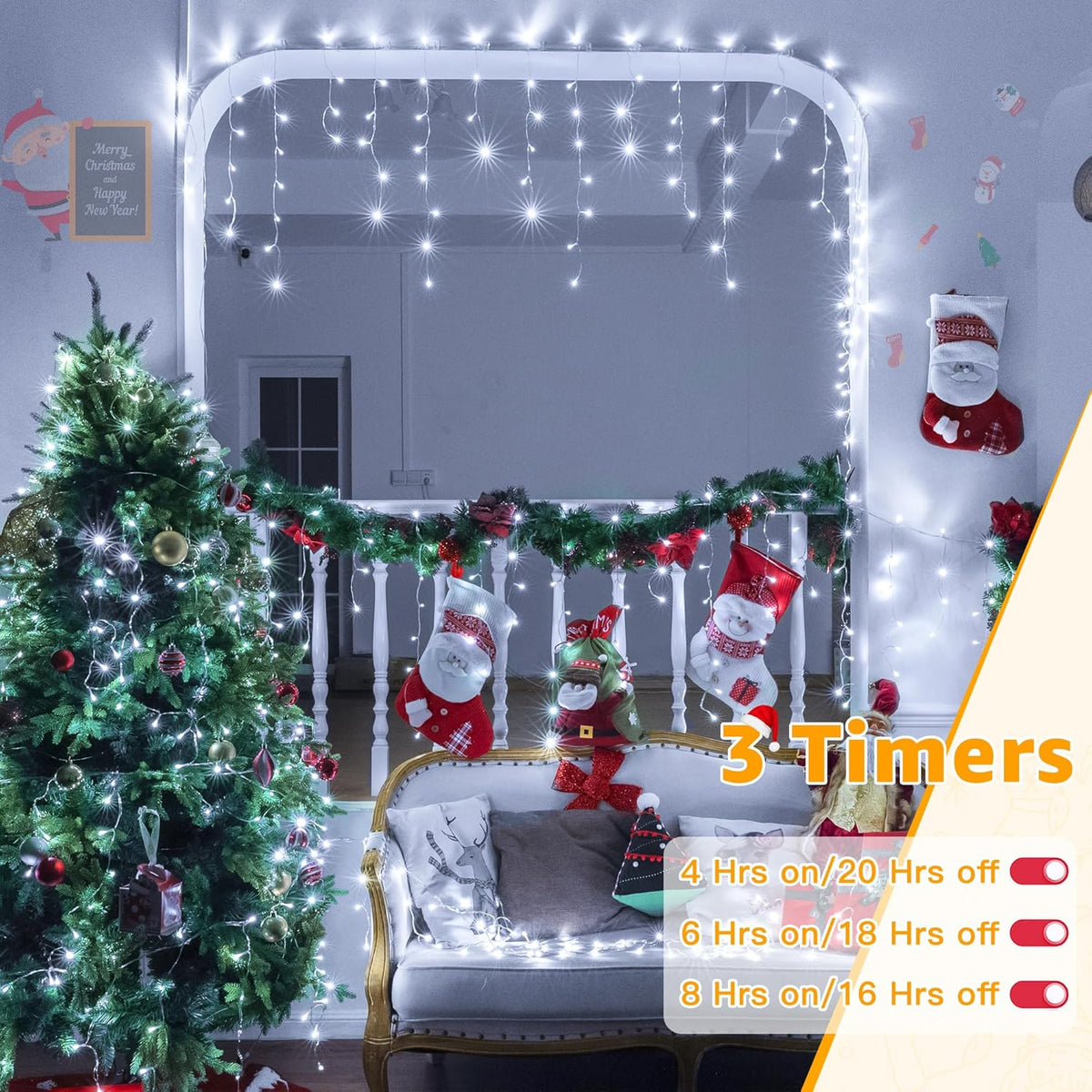 Ollny Safe Touch Icicle Lights 720 LED with Timer Auto Shutoff – Worry-Free Holiday Lights for Bedroom, Stairway and Playroom
