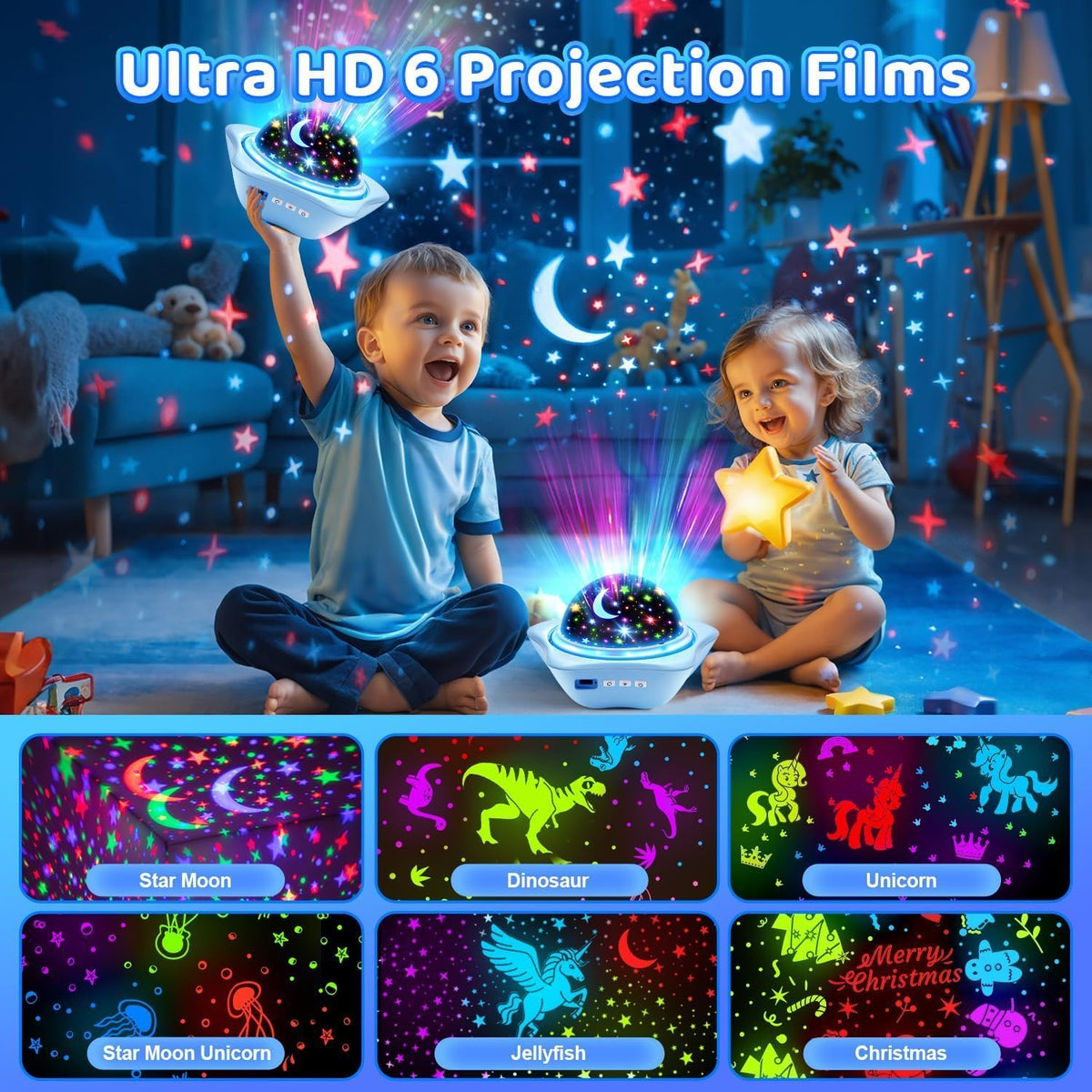 One Fire Birthday Gift for Kids – 360° Rotating Star Projector Night Light with 6 Film Slides, Unisex Present for Toddler to Pre-Teen